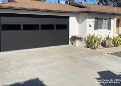 Modern home with sleek black Clopay garage door, tinted glass panels, white exterior & desert landscaping.